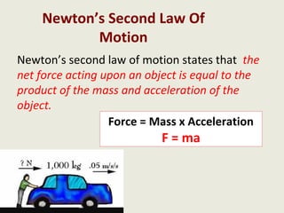 Newton’s Second Law Of
           Motion
Newton’s second law of motion states that the
net force acting upon an object is equal to the
product of the mass and acceleration of the
object.
                  Force = Mass x Acceleration
                            F = ma
 