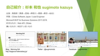自己紹介：杉本 和也 sugimoto kazuya
Blog：Morning Girl
http://kageura.hatenadiary.jp/
Twitter：@sugimomoto Facebook：sugimomoto
出身：青森県（青森→宮城→神奈川→青森→東京→仙台）
所属：CData Software Japan / Lead Engineer
Microsoft MVP for Business Solutions 2017-2018
好きなもの：Web API, OData
嫌いなもの：RESTっぽいもの
 