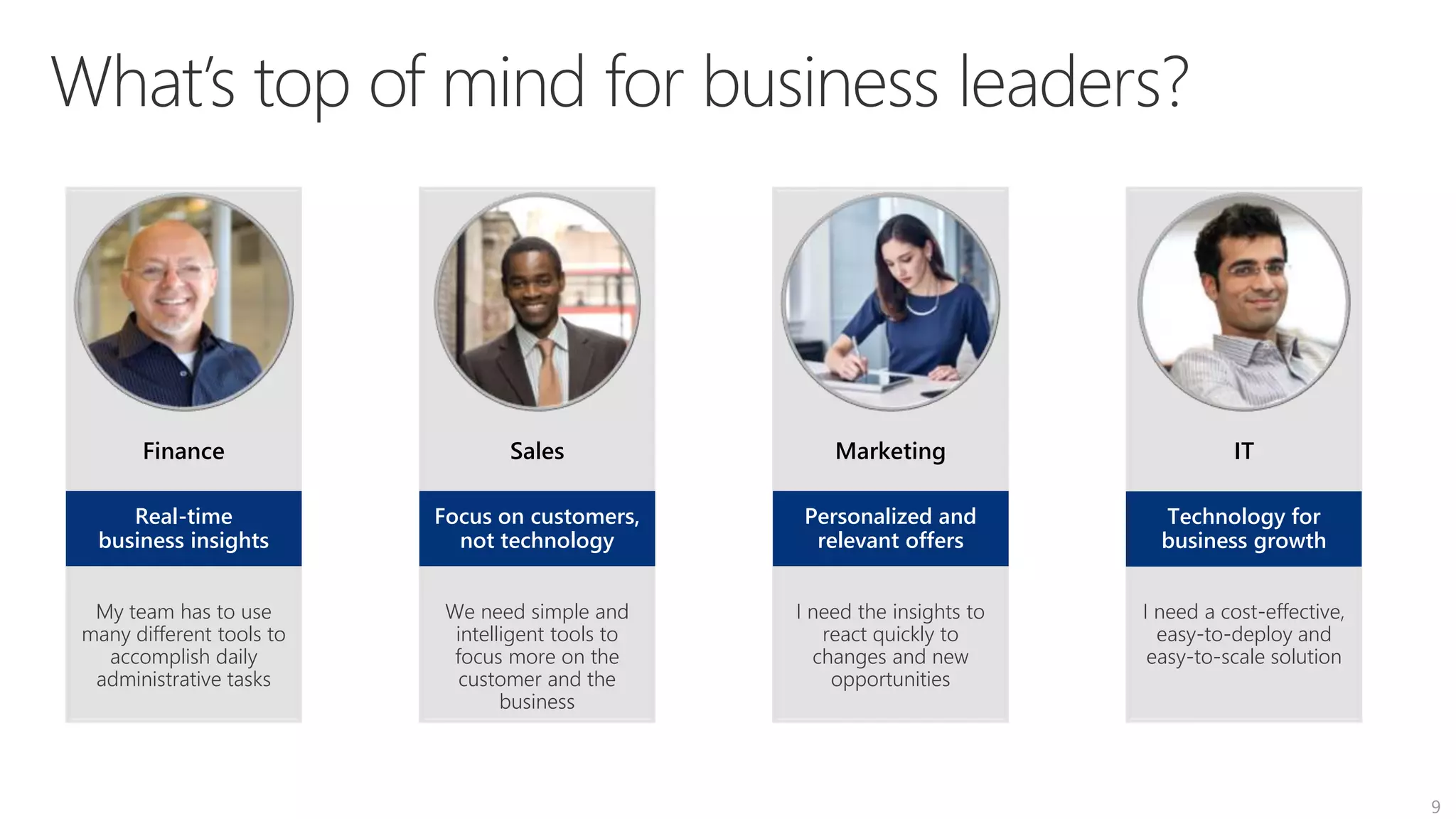 ITMarketingSalesFinance
We need simple and
intelligent tools to
focus more on the
customer and the
business
I need a cost-effective,
easy-to-deploy and
easy-to-scale solution
I need the insights to
react quickly to
changes and new
opportunities
Focus on customers,
not technology
Technology for
business growth
Personalized and
relevant offers
My team has to use
many different tools to
accomplish daily
administrative tasks
Real-time
business insights
9
 