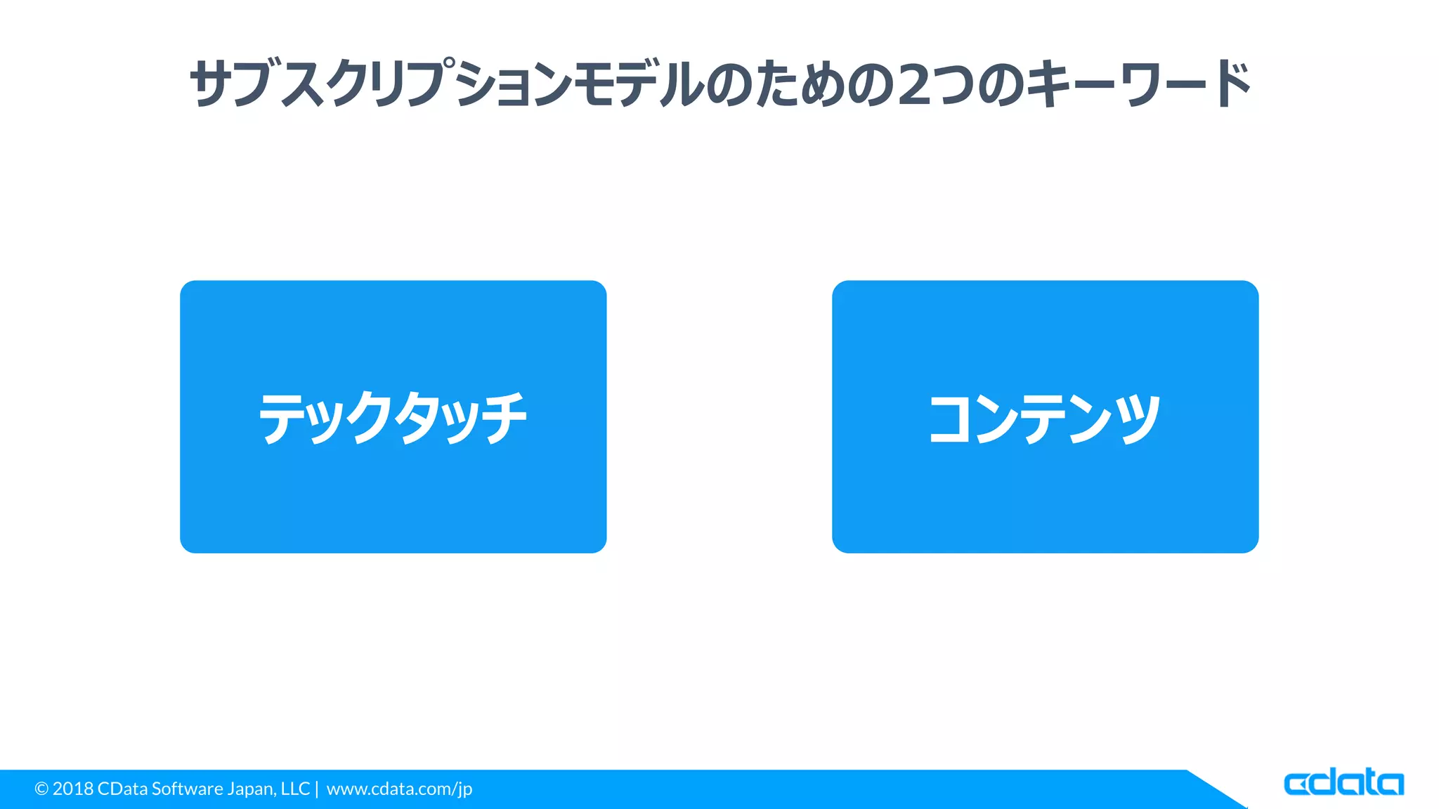 © 2018 CData Software Japan, LLC | www.cdata.com/jp
サブスクリプションモデルのための2つのキーワード
コンテンツテックタッチ
 