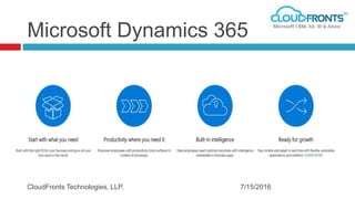 Microsoft Dynamics 365
7/15/2016CloudFronts Technologies, LLP.
 