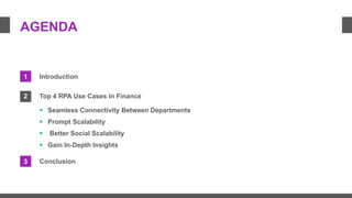 Introduction
Top 4 RPA Use Cases in Finance
 Seamless Connectivity Between Departments
 Prompt Scalability
 Better Soci...