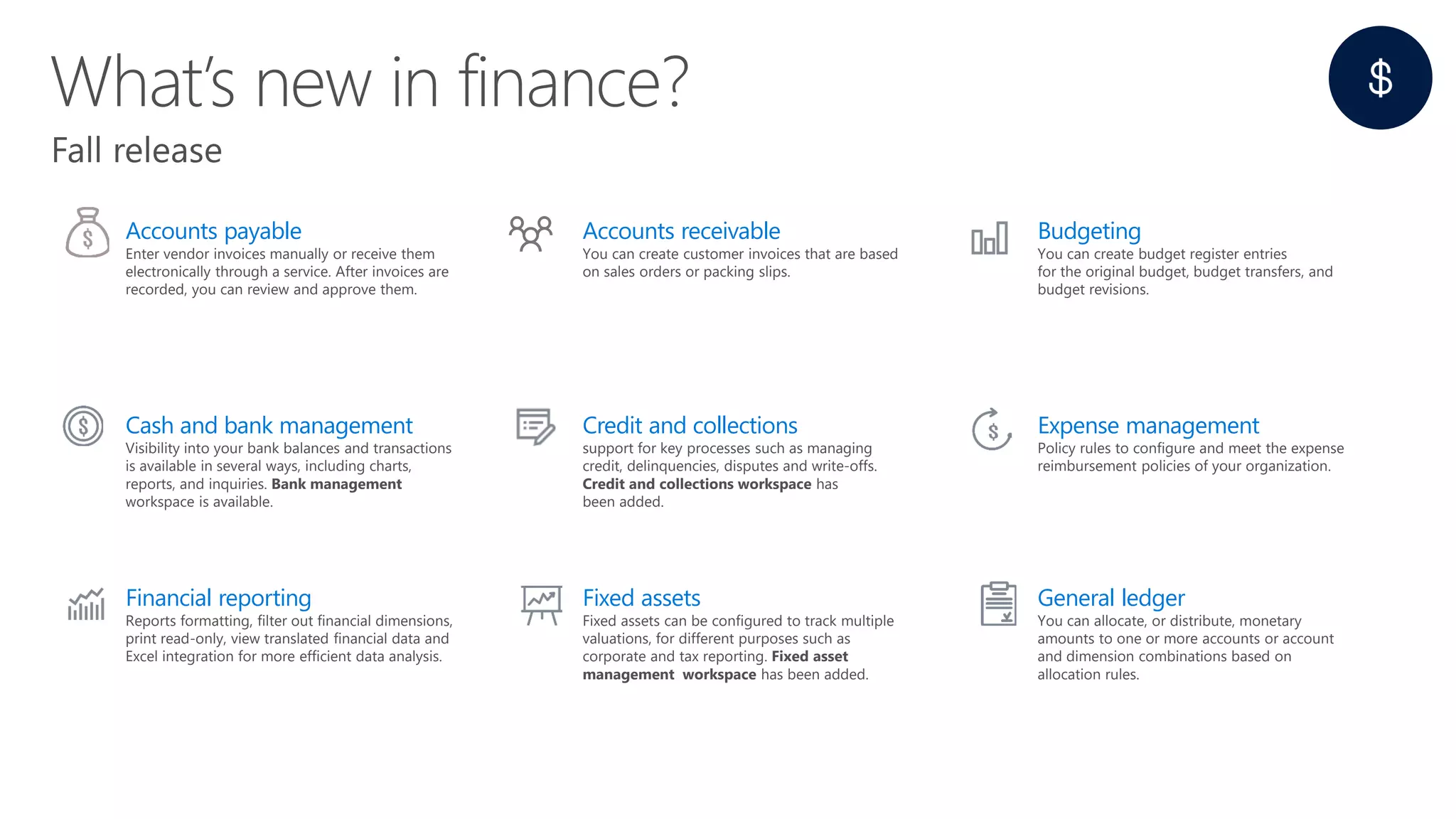 Accounts payable
Enter vendor invoices manually or receive them
electronically through a service. After invoices are
recorded, you can review and approve them.
Accounts receivable
You can create customer invoices that are based
on sales orders or packing slips.
Budgeting
You can create budget register entries
for the original budget, budget transfers, and
budget revisions.
Cash and bank management
Visibility into your bank balances and transactions
is available in several ways, including charts,
reports, and inquiries. Bank management
workspace is available.
Credit and collections
support for key processes such as managing
credit, delinquencies, disputes and write-offs.
Credit and collections workspace has
been added.
Expense management
Policy rules to configure and meet the expense
reimbursement policies of your organization.
Financial reporting
Reports formatting, filter out financial dimensions,
print read-only, view translated financial data and
Excel integration for more efficient data analysis.
Fixed assets
Fixed assets can be configured to track multiple
valuations, for different purposes such as
corporate and tax reporting. Fixed asset
management workspace has been added.
General ledger
You can allocate, or distribute, monetary
amounts to one or more accounts or account
and dimension combinations based on
allocation rules.
 