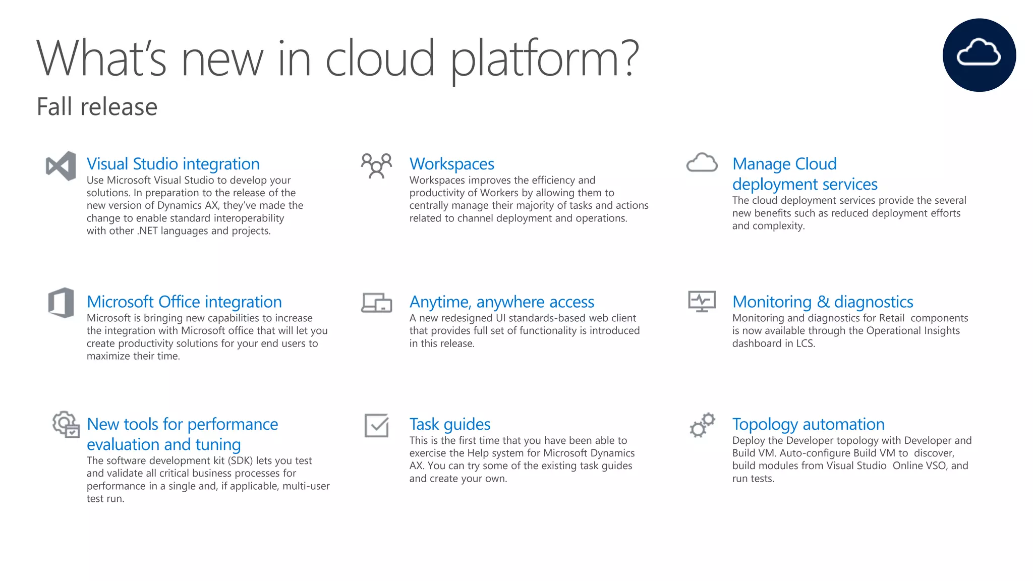 Visual Studio integration
Use Microsoft Visual Studio to develop your
solutions. In preparation to the release of the
new version of Dynamics AX, they’ve made the
change to enable standard interoperability
with other .NET languages and projects.
Workspaces
Workspaces improves the efficiency and
productivity of Workers by allowing them to
centrally manage their majority of tasks and actions
related to channel deployment and operations.
Manage Cloud
deployment services
The cloud deployment services provide the several
new benefits such as reduced deployment efforts
and complexity.
Microsoft Office integration
Microsoft is bringing new capabilities to increase
the integration with Microsoft office that will let you
create productivity solutions for your end users to
maximize their time.
Anytime, anywhere access
A new redesigned UI standards-based web client
that provides full set of functionality is introduced
in this release.
Monitoring & diagnostics
Monitoring and diagnostics for Retail components
is now available through the Operational Insights
dashboard in LCS.
New tools for performance
evaluation and tuning
The software development kit (SDK) lets you test
and validate all critical business processes for
performance in a single and, if applicable, multi-user
test run.
Task guides
This is the first time that you have been able to
exercise the Help system for Microsoft Dynamics
AX. You can try some of the existing task guides
and create your own.
Topology automation
Deploy the Developer topology with Developer and
Build VM. Auto-configure Build VM to discover,
build modules from Visual Studio Online VSO, and
run tests.
 