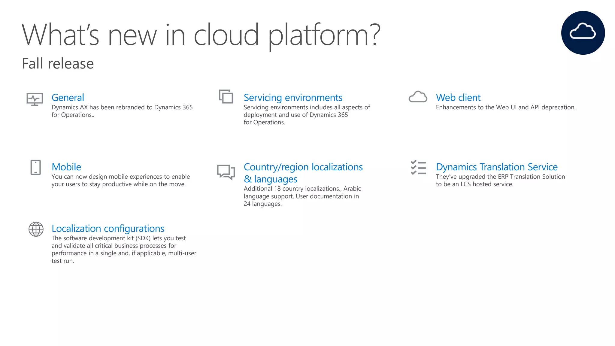 General
Dynamics AX has been rebranded to Dynamics 365
for Operations..
Servicing environments
Servicing environments includes all aspects of
deployment and use of Dynamics 365
for Operations.
Web client
Enhancements to the Web UI and API deprecation.
Mobile
You can now design mobile experiences to enable
your users to stay productive while on the move.
Country/region localizations
& languages
Additional 18 country localizations., Arabic
language support, User documentation in
24 languages.
Dynamics Translation Service
They’ve upgraded the ERP Translation Solution
to be an LCS hosted service.
Localization configurations
The software development kit (SDK) lets you test
and validate all critical business processes for
performance in a single and, if applicable, multi-user
test run.
 
