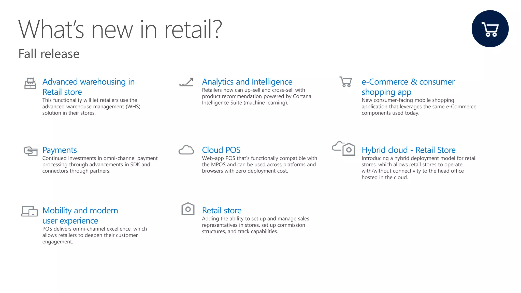 Advanced warehousing in
Retail store
This functionality will let retailers use the
advanced warehouse management (WHS)
solution in their stores.
Analytics and Intelligence
Retailers now can up-sell and cross-sell with
product recommendation powered by Cortana
Intelligence Suite (machine learning).
e-Commerce & consumer
shopping app
New consumer-facing mobile shopping
application that leverages the same e-Commerce
components used today.
Payments
Continued investments in omni-channel payment
processing through advancements in SDK and
connectors through partners.
Cloud POS
Web-app POS that’s functionally compatible with
the MPOS and can be used across platforms and
browsers with zero deployment cost.
Hybrid cloud - Retail Store
Introducing a hybrid deployment model for retail
stores, which allows retail stores to operate
with/without connectivity to the head office
hosted in the cloud.
Mobility and modern
user experience
POS delivers omni-channel excellence, which
allows retailers to deepen their customer
engagement.
Retail store
Adding the ability to set up and manage sales
representatives in stores. set up commission
structures, and track capabilities.
 