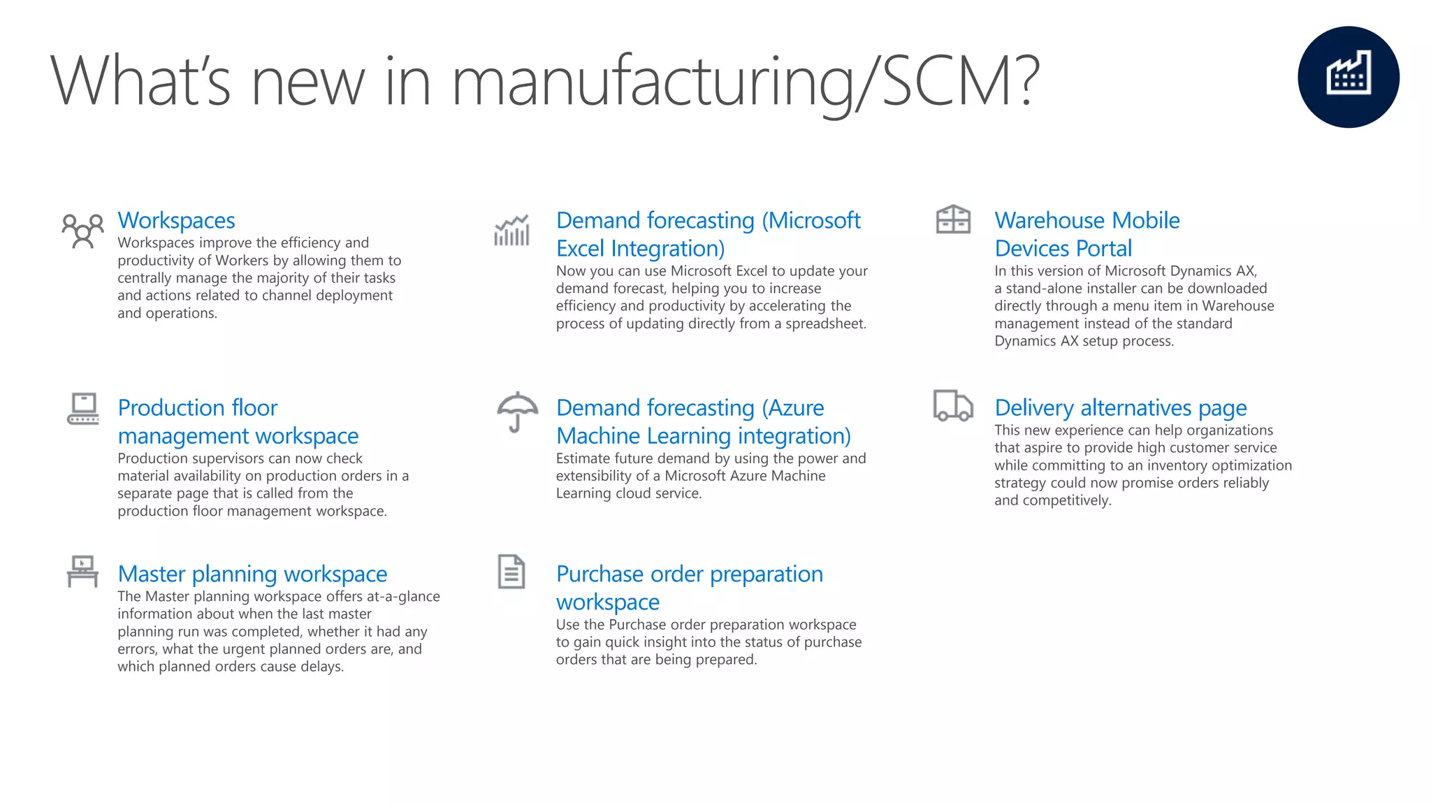 Workspaces
Workspaces improve the efficiency and
productivity of Workers by allowing them to
centrally manage the majority of their tasks
and actions related to channel deployment
and operations.
Demand forecasting (Microsoft
Excel Integration)
Now you can use Microsoft Excel to update your
demand forecast, helping you to increase
efficiency and productivity by accelerating the
process of updating directly from a spreadsheet.
Warehouse Mobile
Devices Portal
In this version of Microsoft Dynamics AX,
a stand-alone installer can be downloaded
directly through a menu item in Warehouse
management instead of the standard
Dynamics AX setup process.
Production floor
management workspace
Production supervisors can now check
material availability on production orders in a
separate page that is called from the
production floor management workspace.
Demand forecasting (Azure
Machine Learning integration)
Estimate future demand by using the power and
extensibility of a Microsoft Azure Machine
Learning cloud service.
Delivery alternatives page
This new experience can help organizations
that aspire to provide high customer service
while committing to an inventory optimization
strategy could now promise orders reliably
and competitively.
Master planning workspace
The Master planning workspace offers at-a-glance
information about when the last master
planning run was completed, whether it had any
errors, what the urgent planned orders are, and
which planned orders cause delays.
Purchase order preparation
workspace
Use the Purchase order preparation workspace
to gain quick insight into the status of purchase
orders that are being prepared.
 