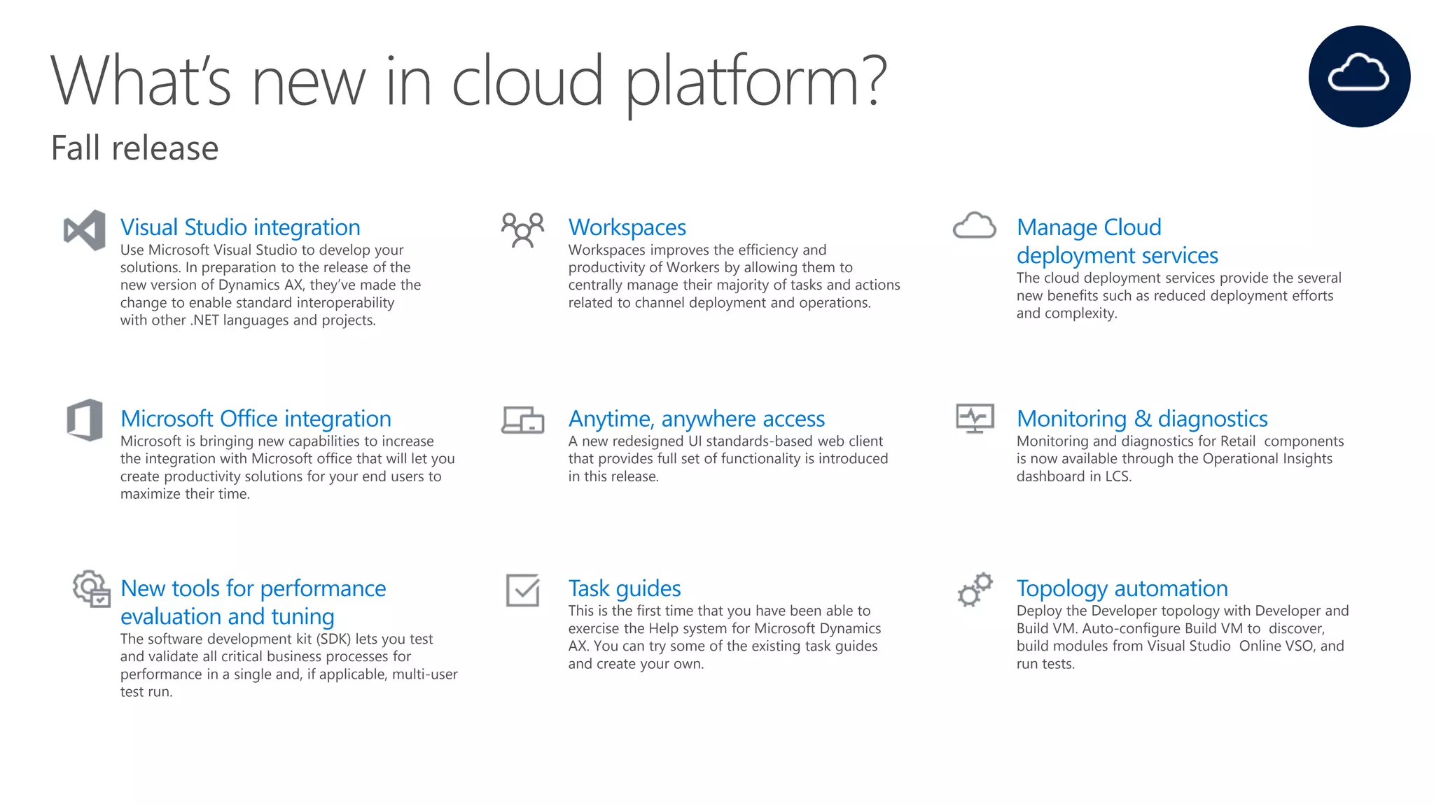 Visual Studio integration
Use Microsoft Visual Studio to develop your
solutions. In preparation to the release of the
new version of Dynamics AX, they’ve made the
change to enable standard interoperability
with other .NET languages and projects.
Workspaces
Workspaces improves the efficiency and
productivity of Workers by allowing them to
centrally manage their majority of tasks and actions
related to channel deployment and operations.
Manage Cloud
deployment services
The cloud deployment services provide the several
new benefits such as reduced deployment efforts
and complexity.
Microsoft Office integration
Microsoft is bringing new capabilities to increase
the integration with Microsoft office that will let you
create productivity solutions for your end users to
maximize their time.
Anytime, anywhere access
A new redesigned UI standards-based web client
that provides full set of functionality is introduced
in this release.
Monitoring & diagnostics
Monitoring and diagnostics for Retail components
is now available through the Operational Insights
dashboard in LCS.
New tools for performance
evaluation and tuning
The software development kit (SDK) lets you test
and validate all critical business processes for
performance in a single and, if applicable, multi-user
test run.
Task guides
This is the first time that you have been able to
exercise the Help system for Microsoft Dynamics
AX. You can try some of the existing task guides
and create your own.
Topology automation
Deploy the Developer topology with Developer and
Build VM. Auto-configure Build VM to discover,
build modules from Visual Studio Online VSO, and
run tests.
 