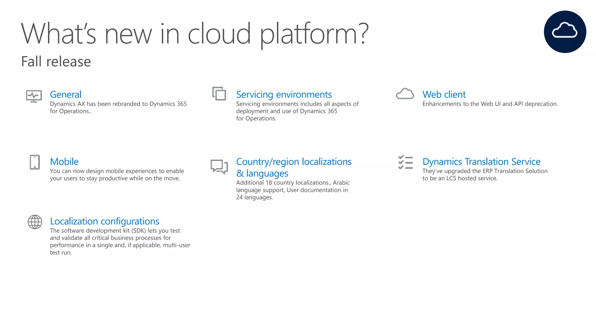 General
Dynamics AX has been rebranded to Dynamics 365
for Operations..
Servicing environments
Servicing environments includes all aspects of
deployment and use of Dynamics 365
for Operations.
Web client
Enhancements to the Web UI and API deprecation.
Mobile
You can now design mobile experiences to enable
your users to stay productive while on the move.
Country/region localizations
& languages
Additional 18 country localizations., Arabic
language support, User documentation in
24 languages.
Dynamics Translation Service
They’ve upgraded the ERP Translation Solution
to be an LCS hosted service.
Localization configurations
The software development kit (SDK) lets you test
and validate all critical business processes for
performance in a single and, if applicable, multi-user
test run.
 