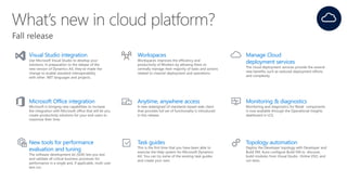 Visual Studio integration
Use Microsoft Visual Studio to develop your
solutions. In preparation to the release of the
new version of Dynamics AX, they’ve made the
change to enable standard interoperability
with other .NET languages and projects.
Workspaces
Workspaces improves the efficiency and
productivity of Workers by allowing them to
centrally manage their majority of tasks and actions
related to channel deployment and operations.
Manage Cloud
deployment services
The cloud deployment services provide the several
new benefits such as reduced deployment efforts
and complexity.
Microsoft Office integration
Microsoft is bringing new capabilities to increase
the integration with Microsoft office that will let you
create productivity solutions for your end users to
maximize their time.
Anytime, anywhere access
A new redesigned UI standards-based web client
that provides full set of functionality is introduced
in this release.
Monitoring & diagnostics
Monitoring and diagnostics for Retail components
is now available through the Operational Insights
dashboard in LCS.
New tools for performance
evaluation and tuning
The software development kit (SDK) lets you test
and validate all critical business processes for
performance in a single and, if applicable, multi-user
test run.
Task guides
This is the first time that you have been able to
exercise the Help system for Microsoft Dynamics
AX. You can try some of the existing task guides
and create your own.
Topology automation
Deploy the Developer topology with Developer and
Build VM. Auto-configure Build VM to discover,
build modules from Visual Studio Online VSO, and
run tests.
 