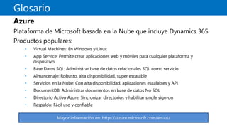 Glosario
Azure
Plataforma de Microsoft basada en la Nube que incluye Dynamics 365
Productos populares:
• Virtual Machines: En Windows y Linux
• App Service: Permite crear aplicaciones web y móviles para cualquier plataforma y
dispositivo
• Base Datos SQL: Administrar base de datos relacionales SQL como servicio
• Almancenaje: Robusto, alta disponibilidad, super escalable
• Servicios en la Nube: Con alta disponibilidad, aplicaciones escalables y API
• DocumentDB: Administrar documentos en base de datos No SQL
• Directorio Activo Azure: Sincronizar directorios y habilitar single sign-on
• Respaldo: Fácil uso y confiable
Mayor información en: https://azure.microsoft.com/en-us/
 