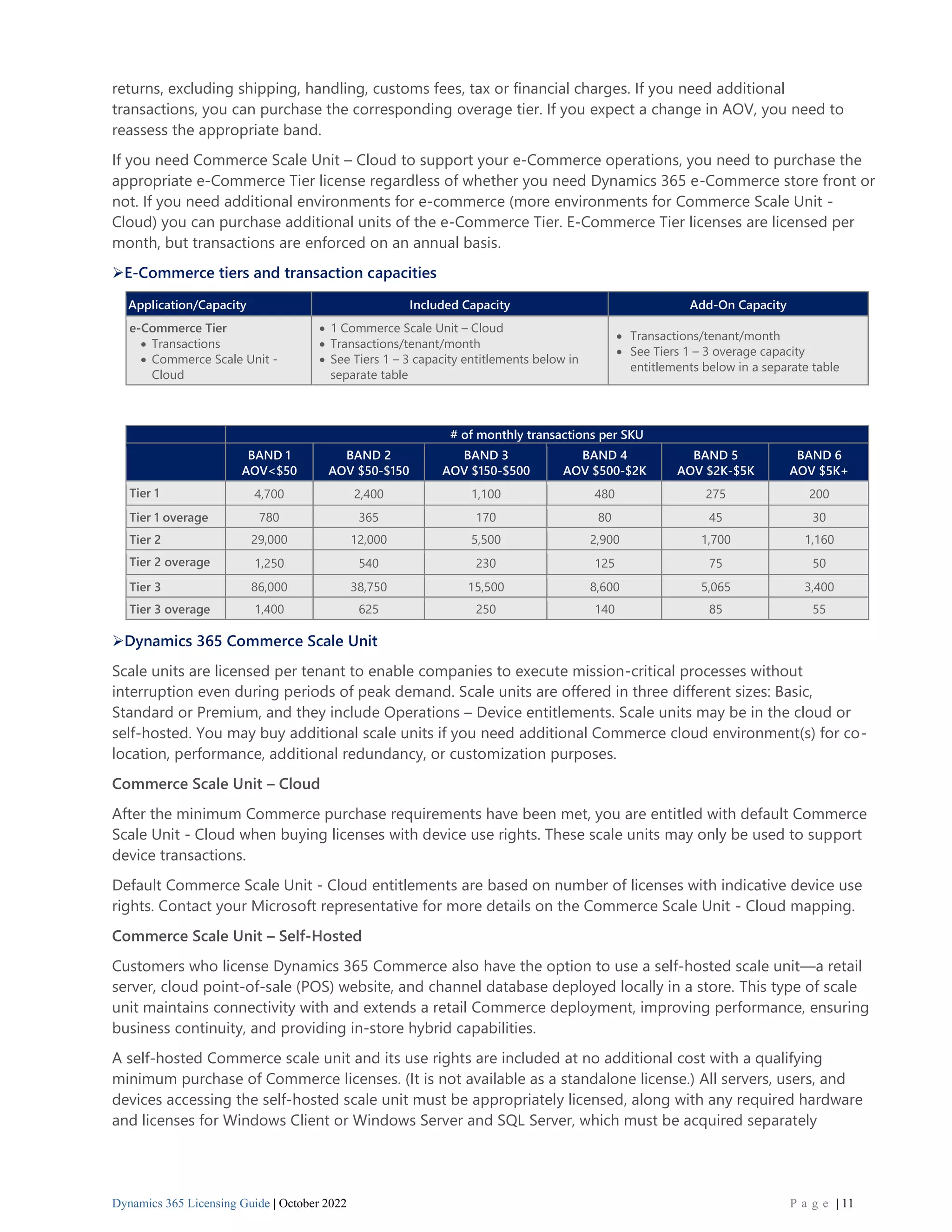 Dynamics 365 Licensing Guide | October 2022 P a g e | 11
returns, excluding shipping, handling, customs fees, tax or financial charges. If you need additional
transactions, you can purchase the corresponding overage tier. If you expect a change in AOV, you need to
reassess the appropriate band.
If you need Commerce Scale Unit – Cloud to support your e-Commerce operations, you need to purchase the
appropriate e-Commerce Tier license regardless of whether you need Dynamics 365 e-Commerce store front or
not. If you need additional environments for e-commerce (more environments for Commerce Scale Unit -
Cloud) you can purchase additional units of the e-Commerce Tier. E-Commerce Tier licenses are licensed per
month, but transactions are enforced on an annual basis.
➢E-Commerce tiers and transaction capacities
Application/Capacity Included Capacity Add-On Capacity
e-Commerce Tier
• Transactions
• Commerce Scale Unit -
Cloud
• 1 Commerce Scale Unit – Cloud
• Transactions/tenant/month
• See Tiers 1 – 3 capacity entitlements below in
separate table
• Transactions/tenant/month
• See Tiers 1 – 3 overage capacity
entitlements below in a separate table
# of monthly transactions per SKU
BAND 1
AOV<$50
BAND 2
AOV $50-$150
BAND 3
AOV $150-$500
BAND 4
AOV $500-$2K
BAND 5
AOV $2K-$5K
BAND 6
AOV $5K+
Tier 1 4,700 2,400 1,100 480 275 200
Tier 1 overage 780 365 170 80 45 30
Tier 2 29,000 12,000 5,500 2,900 1,700 1,160
Tier 2 overage 1,250 540 230 125 75 50
Tier 3 86,000 38,750 15,500 8,600 5,065 3,400
Tier 3 overage 1,400 625 250 140 85 55
➢Dynamics 365 Commerce Scale Unit
Scale units are licensed per tenant to enable companies to execute mission-critical processes without
interruption even during periods of peak demand. Scale units are offered in three different sizes: Basic,
Standard or Premium, and they include Operations – Device entitlements. Scale units may be in the cloud or
self-hosted. You may buy additional scale units if you need additional Commerce cloud environment(s) for co-
location, performance, additional redundancy, or customization purposes.
Commerce Scale Unit – Cloud
After the minimum Commerce purchase requirements have been met, you are entitled with default Commerce
Scale Unit - Cloud when buying licenses with device use rights. These scale units may only be used to support
device transactions.
Default Commerce Scale Unit - Cloud entitlements are based on number of licenses with indicative device use
rights. Contact your Microsoft representative for more details on the Commerce Scale Unit - Cloud mapping.
Commerce Scale Unit – Self-Hosted
Customers who license Dynamics 365 Commerce also have the option to use a self-hosted scale unit—a retail
server, cloud point-of-sale (POS) website, and channel database deployed locally in a store. This type of scale
unit maintains connectivity with and extends a retail Commerce deployment, improving performance, ensuring
business continuity, and providing in-store hybrid capabilities.
A self-hosted Commerce scale unit and its use rights are included at no additional cost with a qualifying
minimum purchase of Commerce licenses. (It is not available as a standalone license.) All servers, users, and
devices accessing the self-hosted scale unit must be appropriately licensed, along with any required hardware
and licenses for Windows Client or Windows Server and SQL Server, which must be acquired separately
 