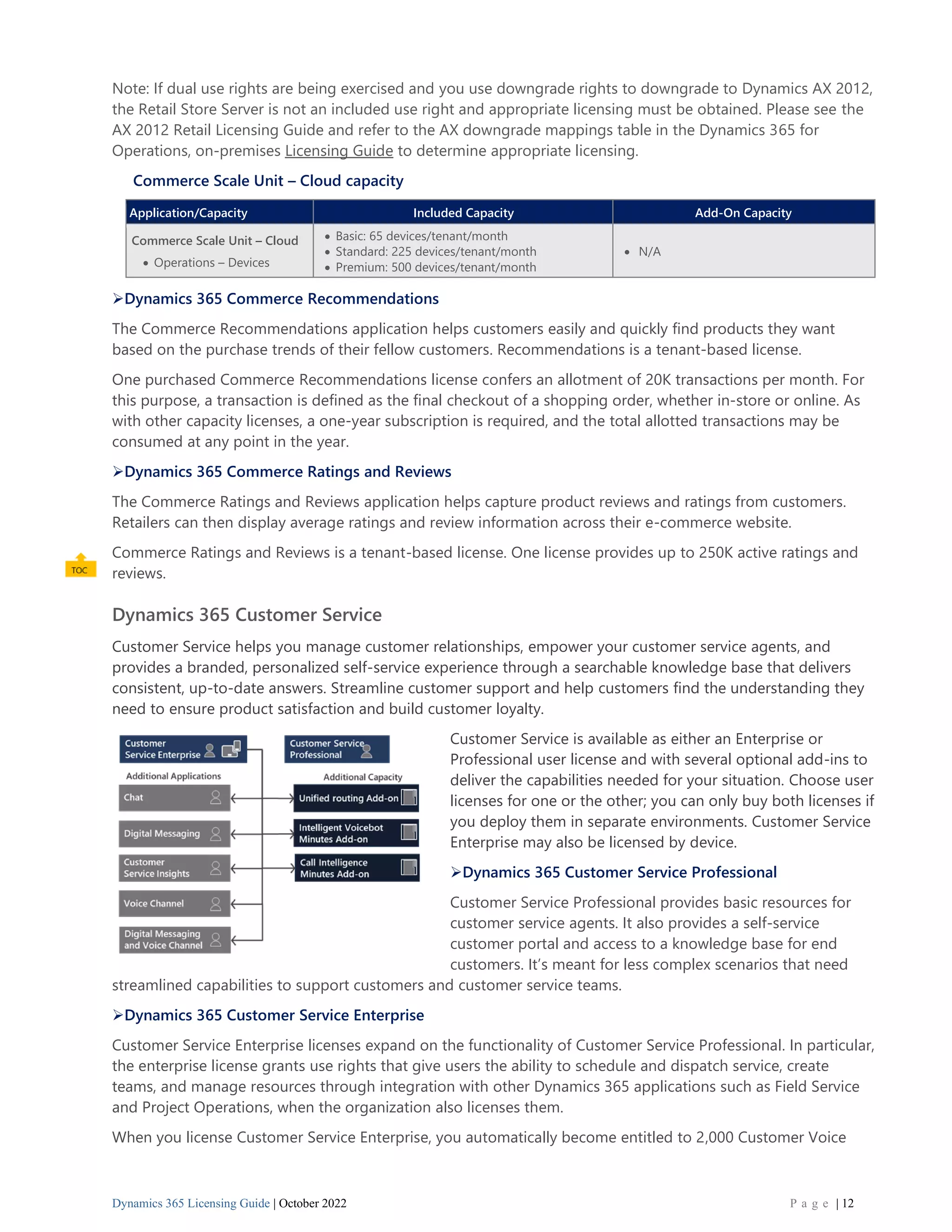 Dynamics 365 Licensing Guide | October 2022 P a g e | 12
Note: If dual use rights are being exercised and you use downgrade rights to downgrade to Dynamics AX 2012,
the Retail Store Server is not an included use right and appropriate licensing must be obtained. Please see the
AX 2012 Retail Licensing Guide and refer to the AX downgrade mappings table in the Dynamics 365 for
Operations, on-premises Licensing Guide to determine appropriate licensing.
Commerce Scale Unit – Cloud capacity
Application/Capacity Included Capacity Add-On Capacity
Commerce Scale Unit – Cloud
• Operations – Devices
• Basic: 65 devices/tenant/month
• Standard: 225 devices/tenant/month
• Premium: 500 devices/tenant/month
• N/A
➢Dynamics 365 Commerce Recommendations
The Commerce Recommendations application helps customers easily and quickly find products they want
based on the purchase trends of their fellow customers. Recommendations is a tenant-based license.
One purchased Commerce Recommendations license confers an allotment of 20K transactions per month. For
this purpose, a transaction is defined as the final checkout of a shopping order, whether in-store or online. As
with other capacity licenses, a one-year subscription is required, and the total allotted transactions may be
consumed at any point in the year.
➢Dynamics 365 Commerce Ratings and Reviews
The Commerce Ratings and Reviews application helps capture product reviews and ratings from customers.
Retailers can then display average ratings and review information across their e-commerce website.
Commerce Ratings and Reviews is a tenant-based license. One license provides up to 250K active ratings and
reviews.
Dynamics 365 Customer Service
Customer Service helps you manage customer relationships, empower your customer service agents, and
provides a branded, personalized self-service experience through a searchable knowledge base that delivers
consistent, up-to-date answers. Streamline customer support and help customers find the understanding they
need to ensure product satisfaction and build customer loyalty.
Customer Service is available as either an Enterprise or
Professional user license and with several optional add-ins to
deliver the capabilities needed for your situation. Choose user
licenses for one or the other; you can only buy both licenses if
you deploy them in separate environments. Customer Service
Enterprise may also be licensed by device.
➢Dynamics 365 Customer Service Professional
Customer Service Professional provides basic resources for
customer service agents. It also provides a self-service
customer portal and access to a knowledge base for end
customers. It’s meant for less complex scenarios that need
streamlined capabilities to support customers and customer service teams.
➢Dynamics 365 Customer Service Enterprise
Customer Service Enterprise licenses expand on the functionality of Customer Service Professional. In particular,
the enterprise license grants use rights that give users the ability to schedule and dispatch service, create
teams, and manage resources through integration with other Dynamics 365 applications such as Field Service
and Project Operations, when the organization also licenses them.
When you license Customer Service Enterprise, you automatically become entitled to 2,000 Customer Voice
 