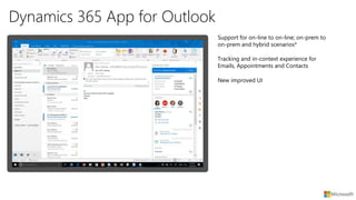 Dynamics 365 App for Outlook
New improved UI
Tracking and in-context experience for
Emails, Appointments and Contacts
Support for on-line to on-line; on-prem to
on-prem and hybrid scenarios*
 