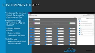 CUSTOMIZINGTHE APP
 Customize the site map
though Dynamics 365
CustomizationTool
 Model-Driven App –
“Dynamics 365 App for
Outlook”
 Add and Remove
Entities
 Custom entities
 SelectViews and forms
 Edit Site Map
 Keep Dashboards as first
item on Site Map
 