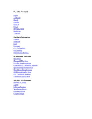 UI / UX & Frontend
Figma
Adobe XD
Sketch
Angular
React.js
Vue.js
HTML5 / CSS3
Bootstrap
Tailwind
Quality & Automation
Appium
Selenium
JUnit
Postman
CI / CD Pipelines
Unit Testing
Performance Testing
IT Services & Solutions
IT Services
Managed IT Services
BI & Big Data Consulting
Cybersecurity Consulting Services
System Integration Services
Cloud Consulting Services
CRM Consulting Services
ERP Consulting Services
Salesforce Consultation
Software Development
Internet of Things
AR/VR
Software Testing
Web Design Firms
User Experience
Graphic Design
 