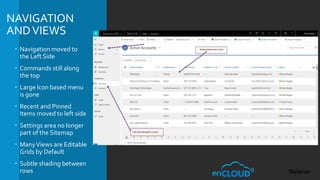 NAVIGATION
ANDVIEWS
 Navigation moved to
the Left Side
 Commands still along
the top
 Large Icon based menu
is gone
 Recent and Pinned
Items moved to left side
 Settings area no longer
part of the Sitemap
 ManyViews are Editable
Grids by Default
 Subtle shading between
rows
 