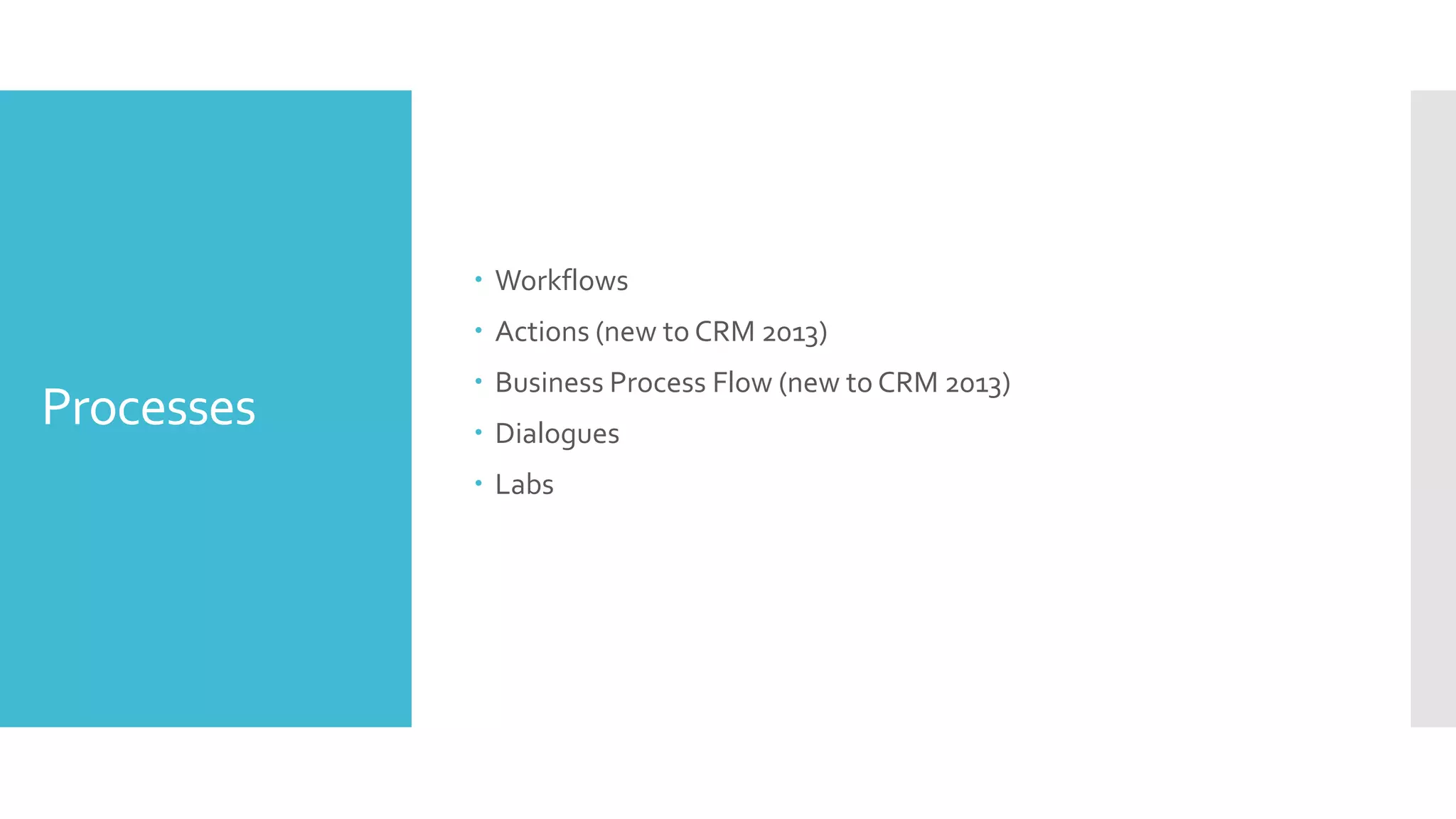 Processes  Workflows  Actions (new to CRM 2013)  Business Process Flow (new to CRM 2013)  Dialogues  Labs 