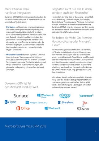 19
Mehr Effizienz dank
nahtloser Integration
Dynamics CRM 2013 ist ein integraler Bestandteil der
Microsoft-Produktwelt, was in zweierlei Hinsicht für
unmittelbare Vorteile sorgt:
• Die Nutzer profitieren von einer durchgängigen
und direkt verknüpften Arbeitsumgebung, die
maximale Produktivität ermöglicht. So ist die
CRM-Software beispielsweise nahtlos in den Client
von Outlook integriert und kann mit allen dort
gewohnten Funktionen genutzt werden – beis-
pielsweise um neue Termine anzulegen oder die
Kontakte zu pflegen. Zudem werden zusätzliche
Kommunikationsoptionen – ob per Lync oder
Skype – unterstützt.
• Mitarbeiter in der IT können Dynamics CRM mit
ihren vertrauten Werkzeugen administrieren.
Dank des Zusammenspiels mit anderen Microsoft-
Technologien sparen sie Zeit bei der Wartung und
Pflege und können Nutzeranforderungen, beis-
pielsweise im Reporting, ohne großen Aufwand
umsetzen.
Begeistert nicht nur Ihre Kunden,
sondern auch den Finanzchef
Hinsichtlich der Total Cost of Ownership – einschließ-
lich Lizenzierung, Dienstleistungen, Schulungen,
Bereitstellung, Verwaltung und Wartung – betrachten
Kunden, Presse und Branchenanalysten Microsoft
Dynamics CRM als eine der Lösungen auf dem Markt,
die den besten Return on Investment und somit einen
optimalen Geschäftsnutzen liefert.
Sie haben die Wahl: On-Premise,
Hosting-Lösung oder Microsoft
Cloud“
Mit Microsoft Dynamics CRM haben Sie die Wahl,
ob Sie eine Installation im eigenen Unternehmen
(On-Premise) bevorzugen oder auf Mietmodelle
setzen, beispielsweise als Cloud-Dienst von Microsoft
oder als eine bei Partnern gehostete Lösung. Ebenso
sind Hybridszenarien möglich, um die unterschied-
lichsten Anforderungen abzubilden. Auch die Ent-
scheidung, wer in welcher Form welche Funktionen
der CRM-Software nutzt, liegt ganz bei Ihnen und
Ihren Prioritäten!
Informieren Sie sich einfach im Abschnitt „Lizenzie-
rung“ über die flexiblen Bezugsmöglichkeiten und
Lizenzierungsoptionen und treffen Sie Ihre Wahl,
welche Bereitstellung und Lizenztypen am besten
zu Ihrem Unternehmen passen!
Dynamics CRM ist Teil
der Microsoft Produkt-Welt
Microsoft Dynamics CRM 2013
 
