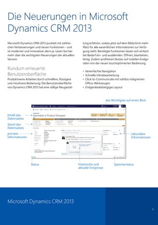 Die Neuerungen in Microsoft
Dynamics CRM 2013
Microsoft Dynamics CRM 2013 punktet mit zahlrei-
chen Verbesserungen und neuen Funktionen – und
ist moderner und innovativer denn je. Lesen Sie hier
mehr über die wichtigsten Neuerungen der aktuellen
Version.
Rundum erneuerte
Benutzeroberfläche
Produktiveres Arbeiten durch schnellere, flüssigere
und intuitivere Bedienung: Die Benutzeroberfläche
von Dynamics CRM 2013 hat eine völlige Neugestal-
tung erfahren, sodass jetzt auf dem Bildschirm mehr
Platz für alle wesentlichen Informationen zur Verfü-
gung steht. Benötigte Funktionen lassen sich einfach
bei Bedarf ein- und ausblenden. Öffnen, bearbeiten,
fertig. Zudem profitieren Nutzer auf mobilen Endge-
räten von der neuen touchoptimierten Bedienung.
• Vereinfachte Navigation
• Schnelle Inlinebearbeitung
• Click-to-Communicate mit nahtlos integrierten
Office-Werkzeugen
• Endgeräteabhängiges Layout
9
Microsoft Dynamics CRM 2013
das Wichtigste auf einen Blick
Inhalt des
Datensatzes
primäre
Informationen
Status historische und
aktuelle Ereignisse
Speicherstatus
sekundäre 
Informationen
Stand des
Datensatzes
 