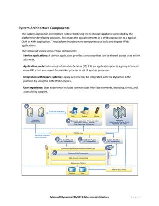  

System Architectu
                ure Compo
                        onents  
        The sys
              stem application architectuure is describ
                                                      bed using the  technical cap
                                                                                 pabilities prov
                                                                                               vided by the 
        platform for develop
                           ping solutionss. This maps tthe logical ele
                                                                     ements of a W
                                                                                 Web applicati ion to a typica
                                                                                                             al 
        CRM or r XRM applica
                           ation. The pla
                                        atform include es many com mponents to b build and expoose Web 
        applications.  
        The follow list show
                           ws some critica
                                         al component
                                                    ts:  
            Servic            ns: A service application provides a res ource that ca
                 ce application                                                    an be shared across sites w
                                                                                                             within 
            a farm
                 m or. 

            Applic
                 cation pools:
                             : In Internet In
                                            nformation Services (IIS) 7
                                                                      7.0, an applica
                                                                                    ation pool is a
                                                                                                  a group of on
                                                                                                              ne or 
            more URLs that are
                             e served by a worker proc cess or set of wworker proce esses. 

            Integr
                 ration with le
                              egacy system
                                         ms: Legacy systems may be
                                                                 e integrated w
                                                                              with the Dyna
                                                                                          amics CRM 
            platfo
                 orm by using t
                              the CRM Web b Services. 

            User e
                 experience: UUser experien
                                          nce includes c
                                                       common user
                                                                 r interface ele
                                                                               ements, branding, styles, a
                                                                                                         and 
            accessibility suppo
                              ort. 

     




                                                                                                                    
         


                                    Microsof
                                           ft Dynamics CR
                                                        RM 2011 Refer
                                                                    rence Architec
                                                                                 cture                      P a g e |7
 