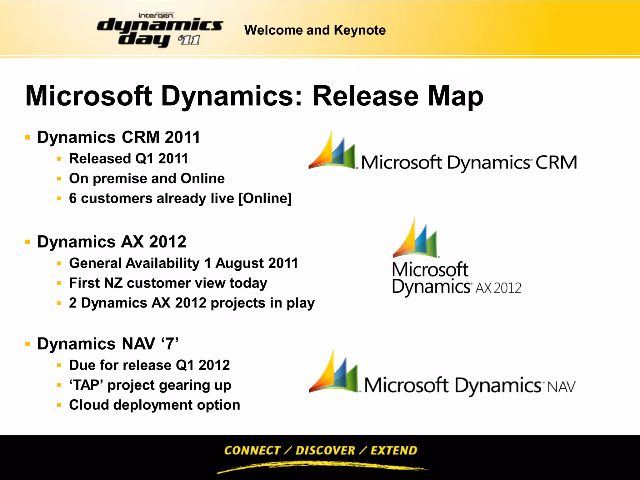 Welcome and Keynote




Microsoft Dynamics: Release Map
 Dynamics CRM 2011
    Released Q1 2011
    On premise and Online
    6 customers already live [Online]


 Dynamics AX 2012
    General Availability 1 August 2011
    First NZ customer view today
    2 Dynamics AX 2012 projects in play


 Dynamics NAV ‘7’
    Due for release Q1 2012
    ‘TAP’ project gearing up
    Cloud deployment option
 