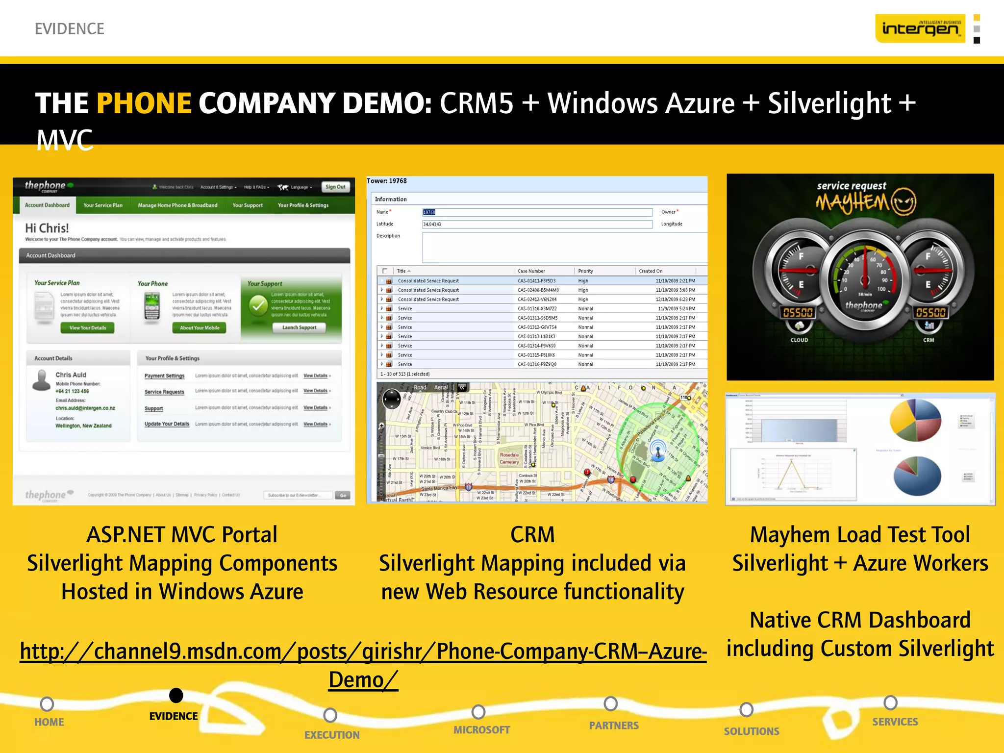 EVIDENCE



 THE PHONE COMPANY DEMO: CRM5 + Windows Azure + Silverlight +
 MVC




       ASP.NET MVC Portal                            CRM                     Mayhem Load Test Tool
Silverlight Mapping Components         Silverlight Mapping included via    Silverlight + Azure Workers
    Hosted in Windows Azure            new Web Resource functionality
                                                                    Native CRM Dashboard
http://channel9.msdn.com/posts/girishr/Phone-Company-CRM--Azure- including Custom Silverlight
                            Demo/
            EVIDENCE
 HOME                                                       PARTNERS                     SERVICES
                           EXECUTION          MICROSOFT                   SOLUTIONS
 
