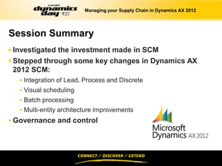 Managing your Supply Chain in Dynamics AX 2012




Session Summary
 Investigated the investment made in SCM
 Stepped through some key changes in Dynamics AX
 2012 SCM:
    Integration of Lead, Process and Discrete
    Visual scheduling
    Batch processing
    Multi-entity architecture improvements
 Governance and control
 