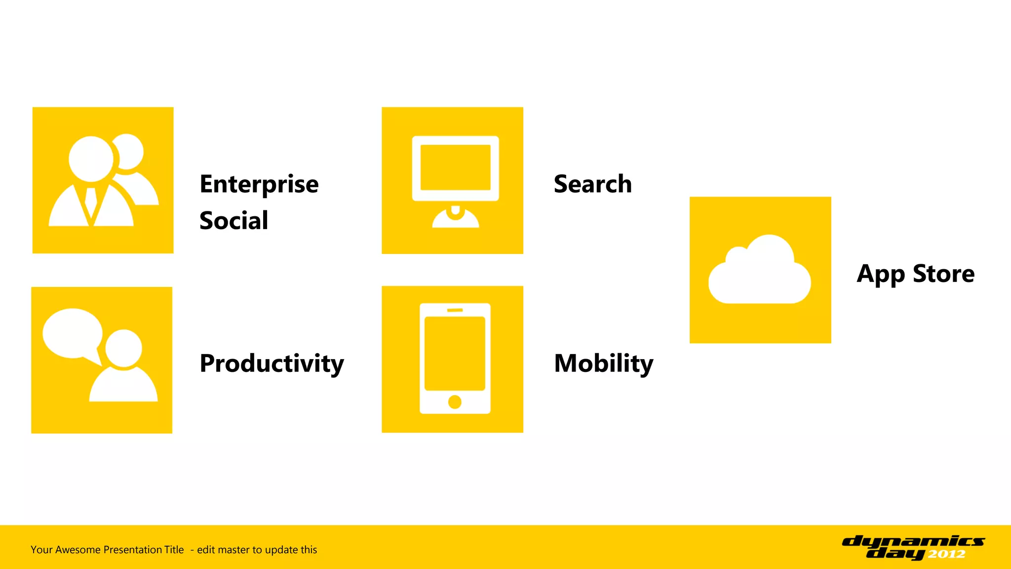 Enterprise                  Search
                                   Social

                                                                          App Store


                                   Productivity                Mobility




Your Awesome Presentation Title - edit master to update this
 