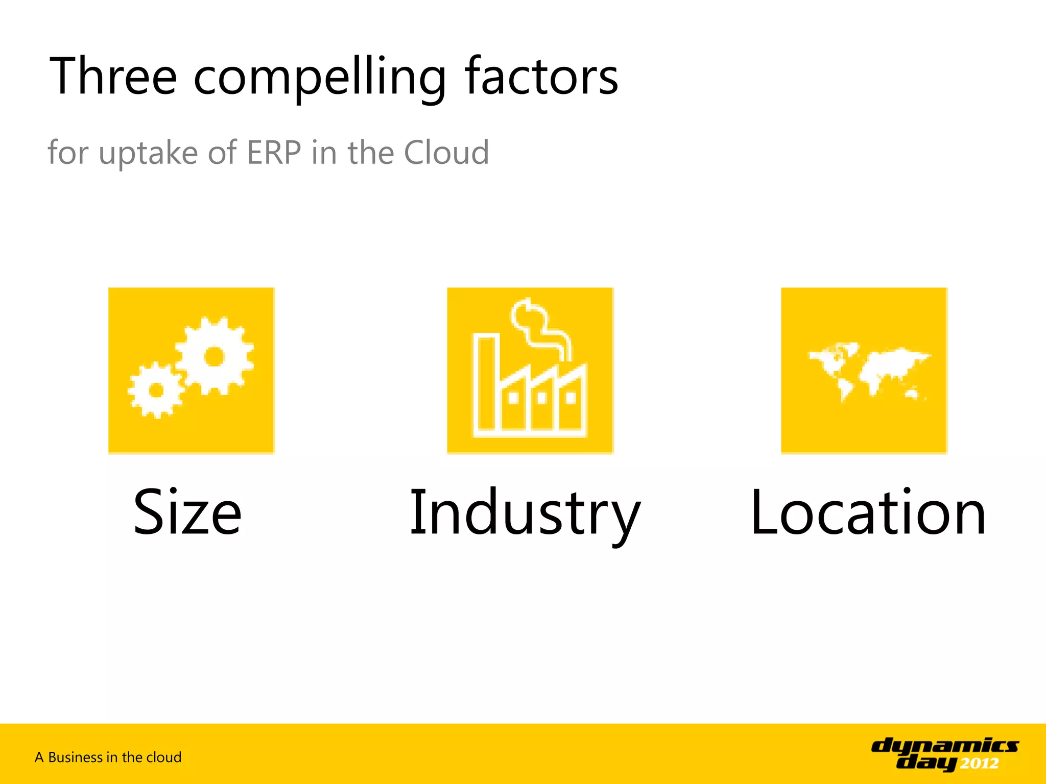 Three compelling factors
 for uptake of ERP in the Cloud




               Size       Industry   Location


A Business in the cloud
 