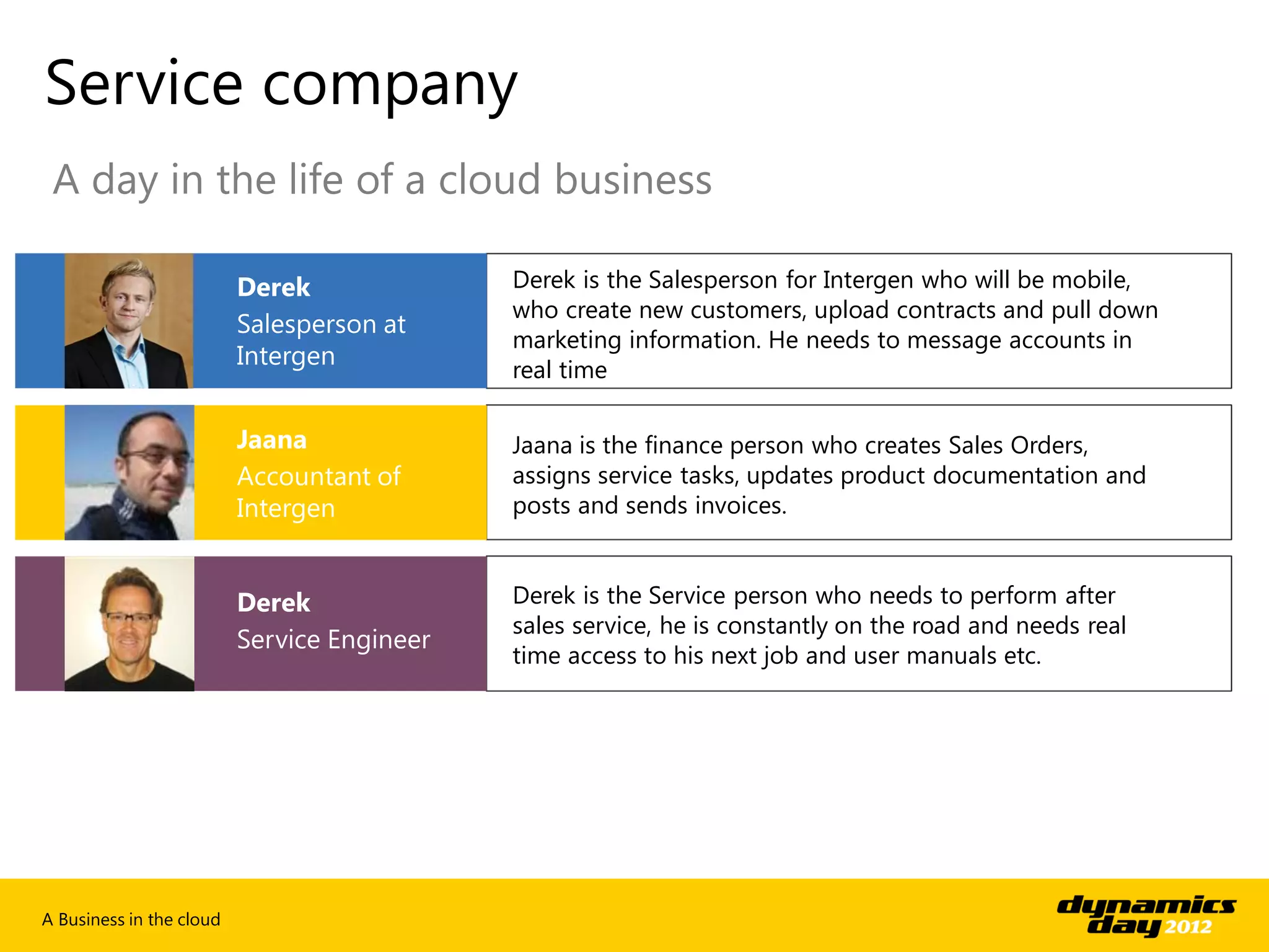Service company
 A day in the life of a cloud business

                          Derek is the Salesperson for Intergen who will be mobile,
                          who create new customers, upload contracts and pull down
                          marketing information. He needs to message accounts in
                          real time


                          Jaana is the finance person who creates Sales Orders,
                          assigns service tasks, updates product documentation and
                          posts and sends invoices.


                          Derek is the Service person who needs to perform after
                          sales service, he is constantly on the road and needs real
                          time access to his next job and user manuals etc.




A Business in the cloud
 