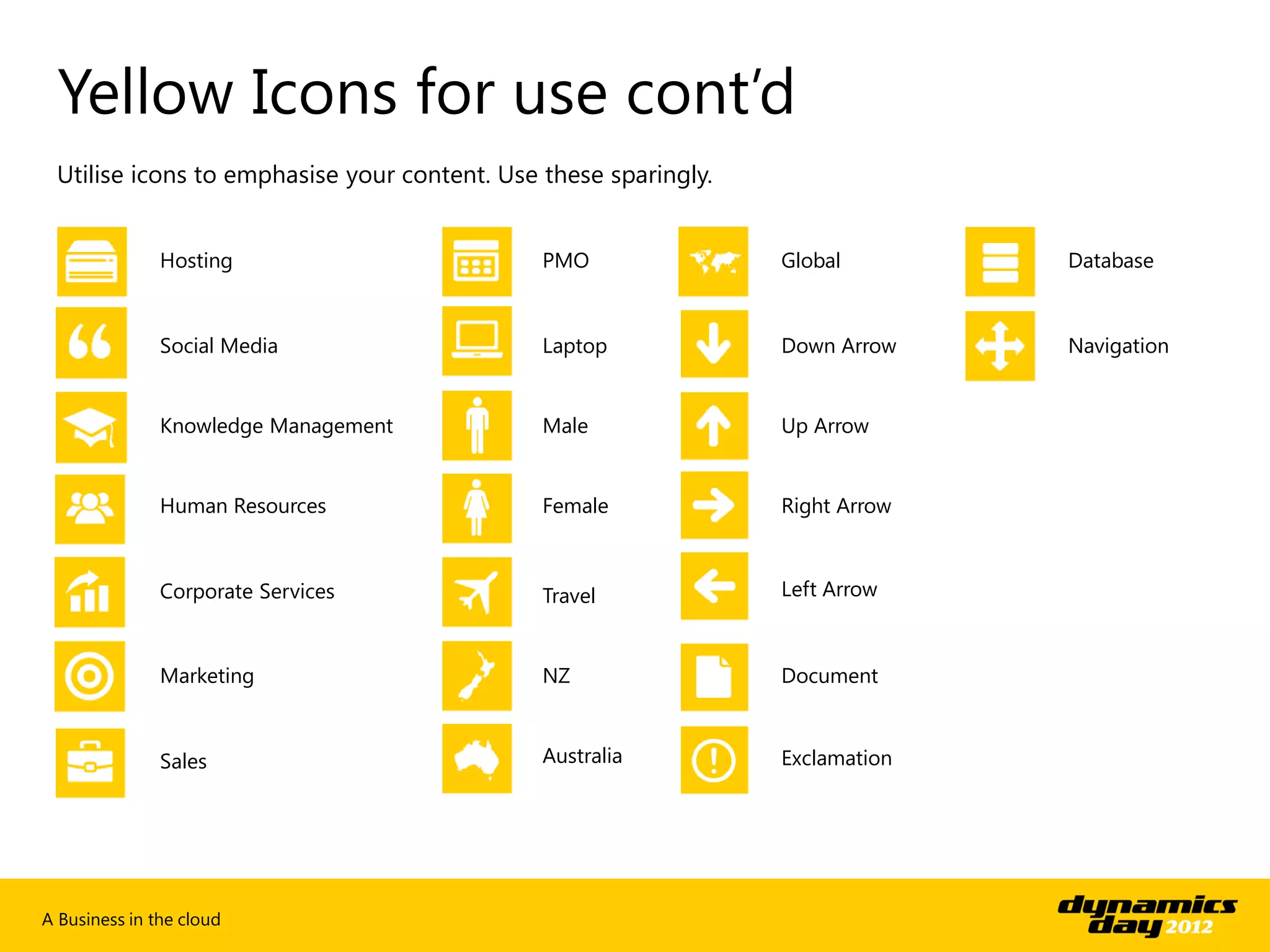 Yellow Icons for use cont’d
 Utilise icons to emphasise your content. Use these sparingly.


               Hosting                        PMO                Global        Database



               Social Media                   Laptop             Down Arrow    Navigation


               Knowledge Management           Male               Up Arrow


               Human Resources                Female             Right Arrow



               Corporate Services             Travel             Left Arrow



               Marketing                      NZ                 Document



               Sales                          Australia          Exclamation




A Business in the cloud
 