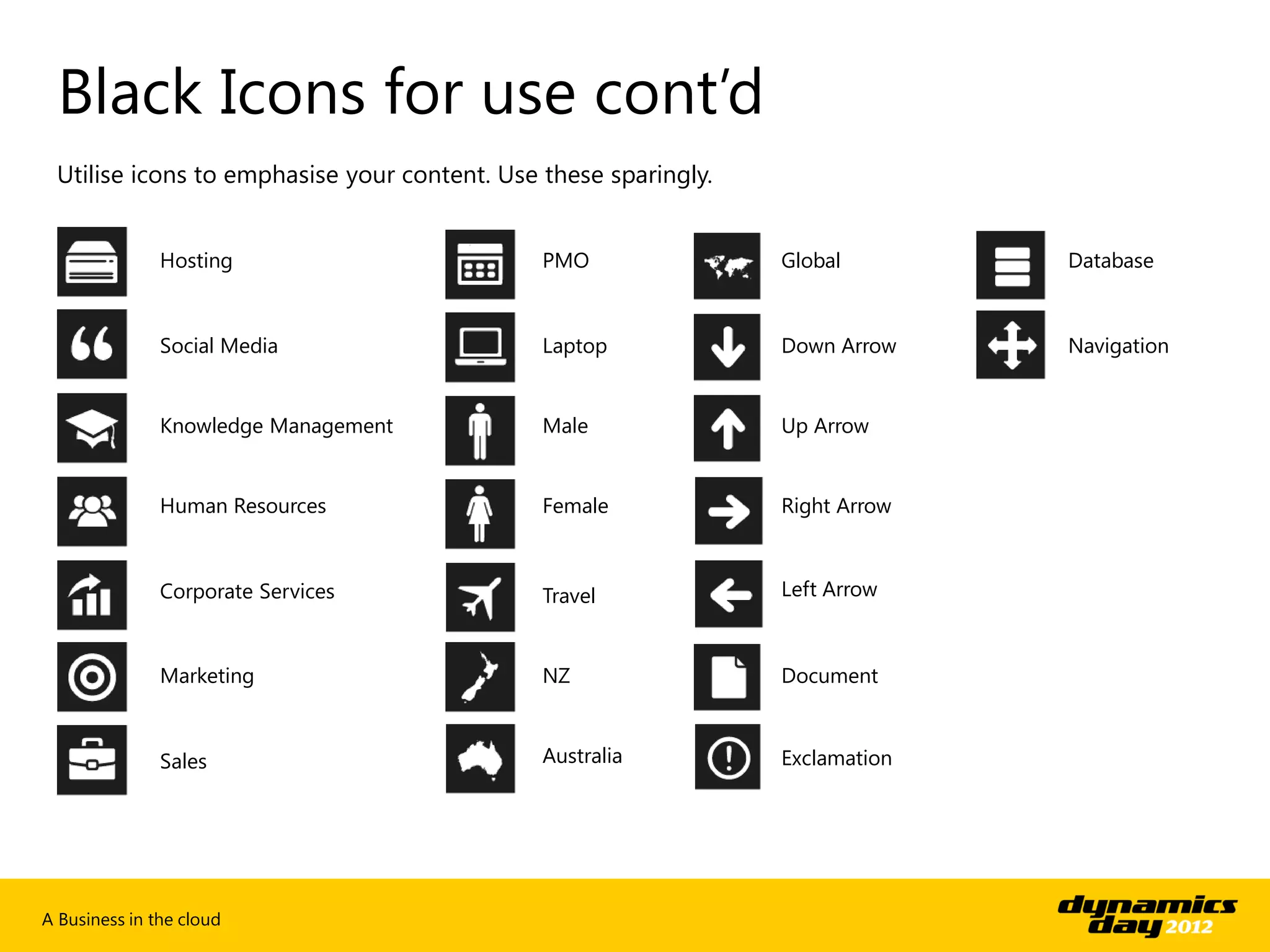 Black Icons for use cont’d
 Utilise icons to emphasise your content. Use these sparingly.


               Hosting                        PMO                Global        Database



               Social Media                   Laptop             Down Arrow    Navigation


               Knowledge Management           Male               Up Arrow


               Human Resources                Female             Right Arrow



               Corporate Services             Travel             Left Arrow



               Marketing                      NZ                 Document



               Sales                          Australia          Exclamation




A Business in the cloud
 