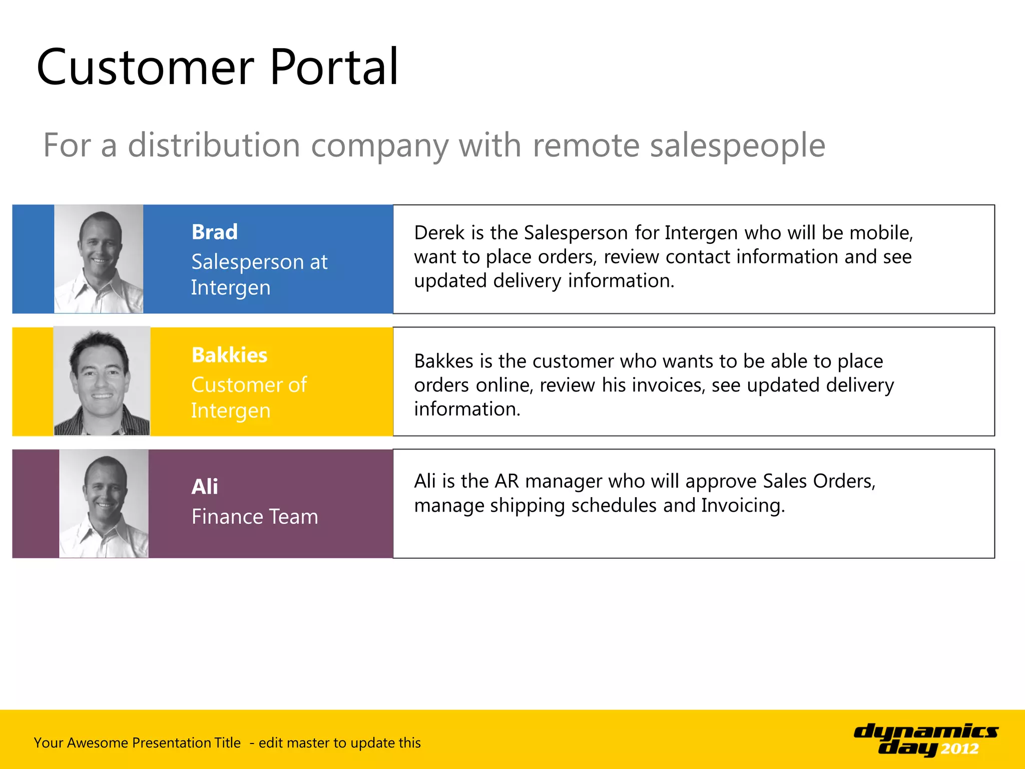 Customer Portal
 For a distribution company with remote salespeople

                                                          Derek is the Salesperson for Intergen who will be mobile,
                                                          want to place orders, review contact information and see
                                                          updated delivery information.



                                                          Bakkes is the customer who wants to be able to place
                                                          orders online, review his invoices, see updated delivery
                                                          information.


                                                          Ali is the AR manager who will approve Sales Orders,
                                                          manage shipping schedules and Invoicing.




Your Awesome Presentation Title - edit master to update this
 