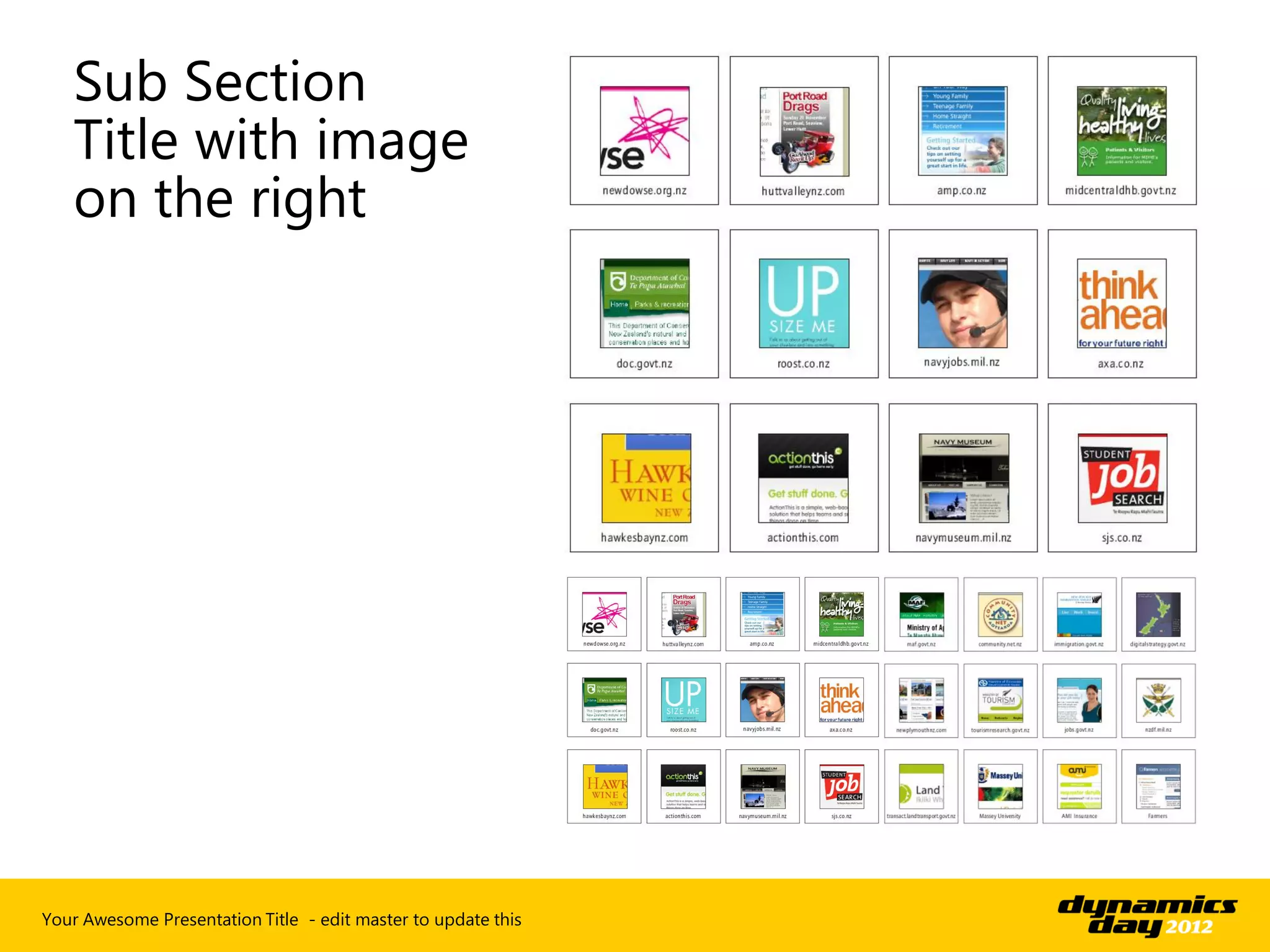 Sub Section
   Title with image
   on the right




Your Awesome Presentation Title - edit master to update this
 