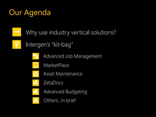 Our Agenda

    Why use industry vertical solutions?
    Intergen’s “kit-bag”
           Advanced Job Management
           MarketPlace
           Asset Maintenance
           ZetaDocs
           Advanced Budgeting
           Others…in brief
 
