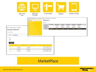 Web Front   NAV and      Customisable   B2B/B2C   Mobile Friendly
                           End       The Web




                                               MarketPlace

Dynamics NAV Vertical Solutions
 