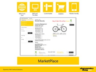 Web Front   NAV and      Customisable   B2B/B2C   Mobile Friendly
                           End       The Web




                                               MarketPlace

Dynamics NAV Vertical Solutions
 