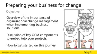 Preparing your business for change
Objective
Overview of the importance of
organisational change management
when implementing business
solutions
Discussion of key OCM components
to embed into your projects.
How to get started on this journey
Preparing Your Business For Change

| 10

 