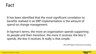 Fact
It has been identified that the most significant correlation to
benefits realised in an ERP implementation is the amount of
spend on change management.
In layman‟s terms, the more an organization spends supporting
its people and their transition, the more it receives; the less it
spends, the less it receives. It really is that simple.
2013 ERP Report: Panorama Consulting

Preparing Your Business For Change

| 26

 
