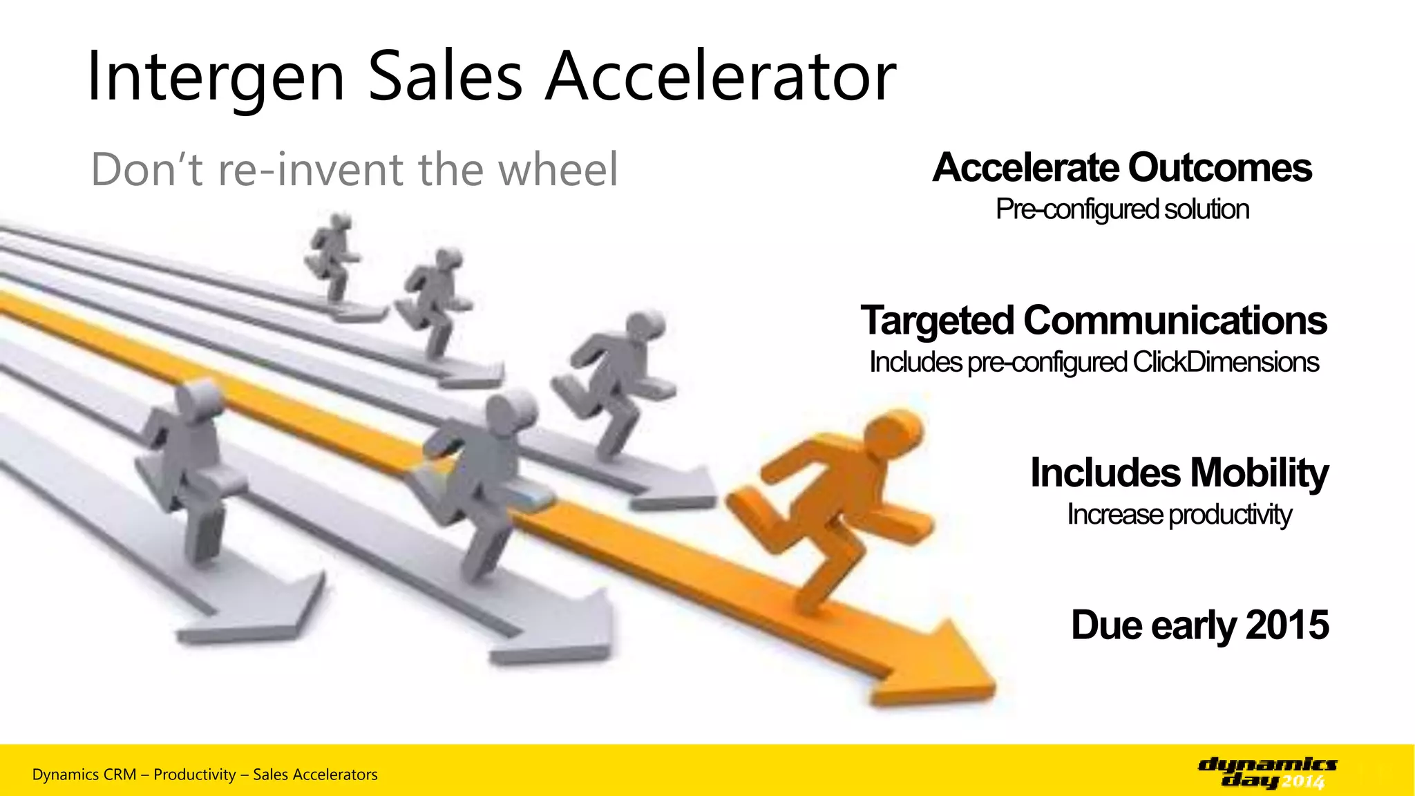 Intergen Sales Accelerator 
Don’t re-invent the wheel Accelerate Outcomes 
Pre-configured solution 
Targeted Communications 
Includes pre-configured ClickDimensions 
Includes Mobility 
Increase productivity 
Due early 2015 
Dynamics CRM – Productivity – Sales Accelerators | 12 
 