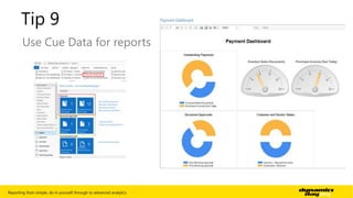 Tip 9 
Use Cue Data for reports 
Reporting from simple, do-it-yourself through to advanced analytics | 12 
 