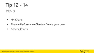 Tip 12 - 14 
DEMO 
 KPI Charts 
 Finance Performance Charts – Create your own 
 Generic Charts 
Reporting from simple, do-it-yourself through to advanced analytics | 15 
 