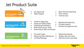 Jet Product Suite 
 G/L Reporting 
 Table Analysis 
 Basic financial reporting 
 Pivot reports 
 Finance users 
 Freeform Reporting 
 Advanced Table builder 
 Scheduling/notification 
 Multi-data-source, Tools 
 Performance (SQL Connector) 
 Operational reporting 
 Complex reports 
 Finance & analytical users 
 Pre-built Cubes 
 Reporting Data-Warehouse 
 Jet Data Manager 
 Speed & Simplicity 
 Analysis (Eg over time) 
 Self-serve (non-technical) 
Reporting from simple, do-it-yourself through to advanced analytics | 17 
 