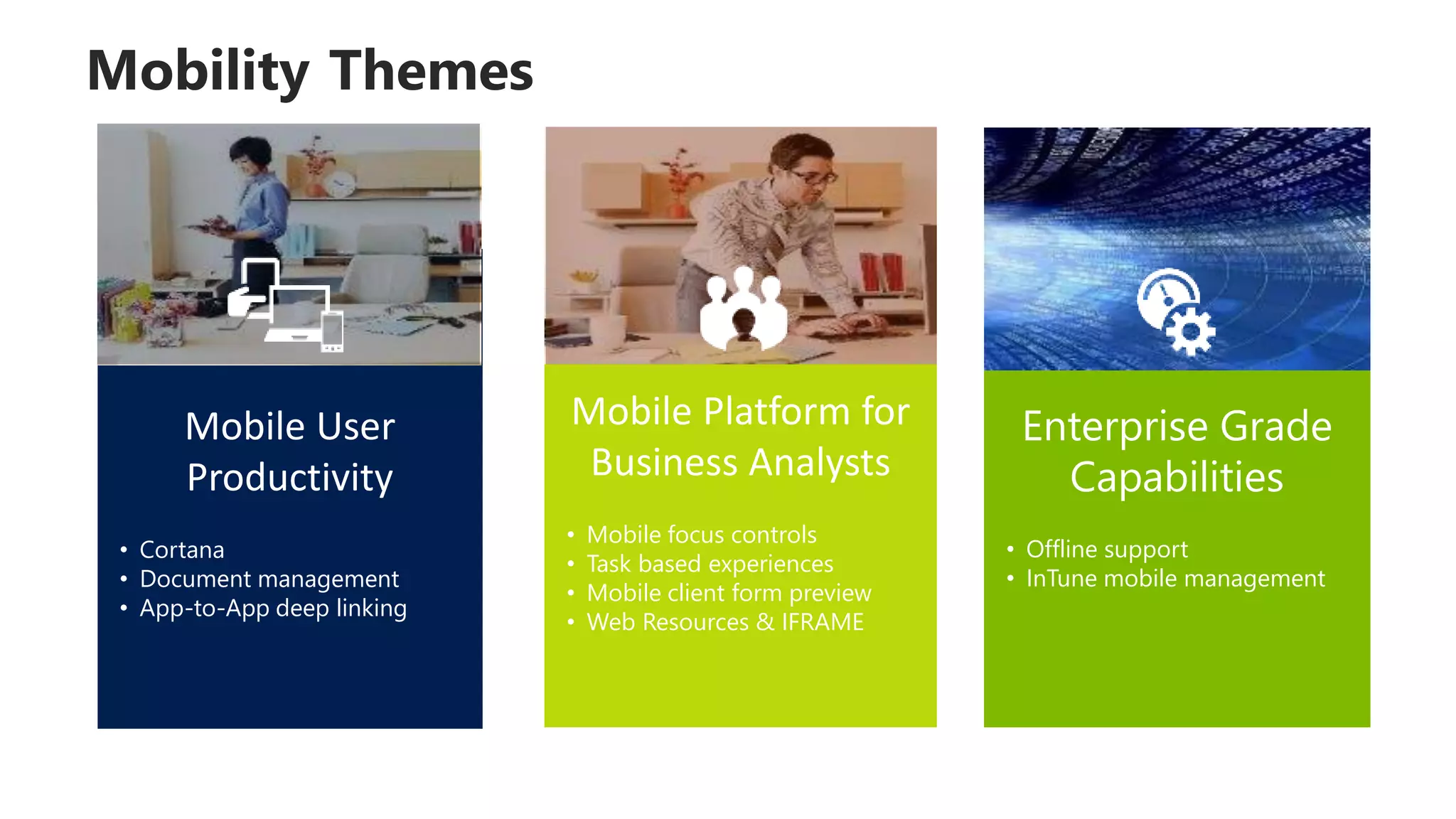 Mobile User
Productivity
• Cortana
• Document management
• App-to-App deep linking
Mobility Themes
Mobile Platform for
Business Analysts
• Mobile focus controls
• Task based experiences
• Mobile client form preview
• Web Resources & IFRAME
Enterprise Grade
Capabilities
• Offline support
• InTune mobile management
 