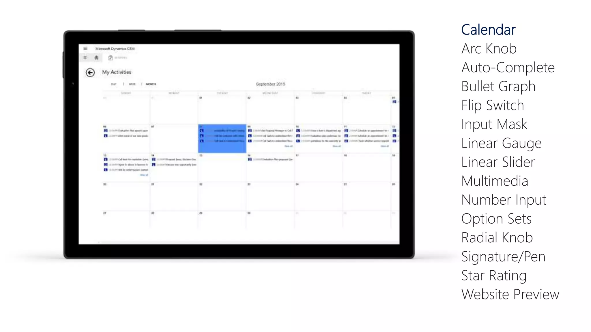 Calendar
Arc Knob
Auto-Complete
Bullet Graph
Flip Switch
Input Mask
Linear Gauge
Linear Slider
Multimedia
Number Input
Option Sets
Radial Knob
Signature/Pen
Star Rating
Website Preview
 