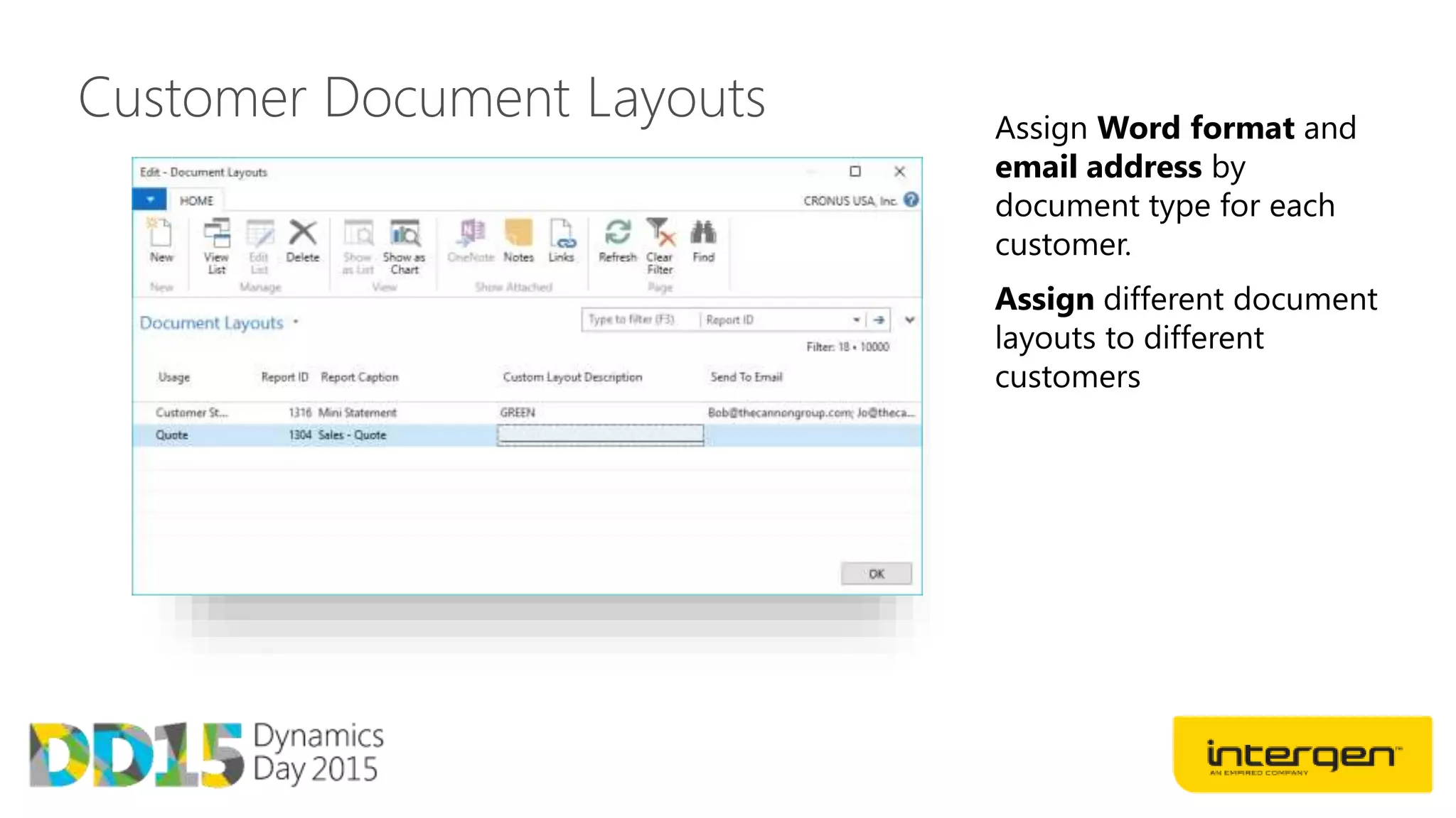 Customer Document Layouts Assign Word format and
email address by
document type for each
customer.
 