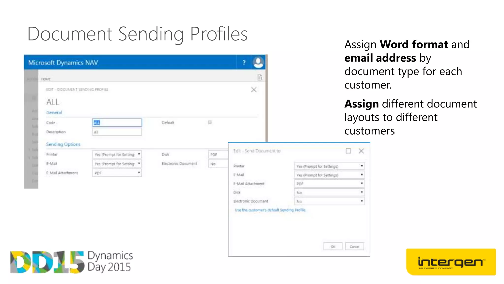 Document Sending Profiles Assign Word format and
email address by
document type for each
customer.
 