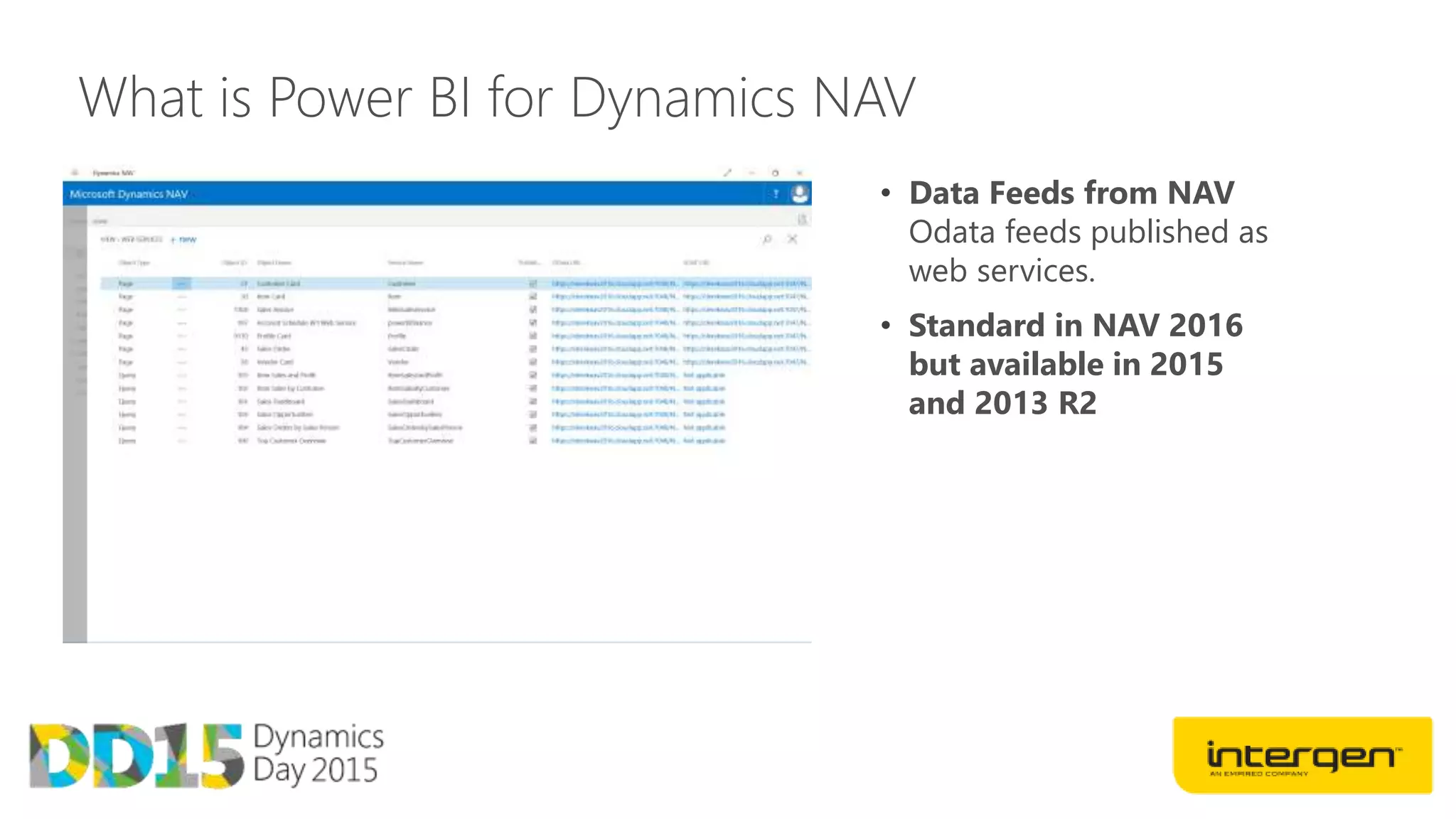 What is Power BI for Dynamics NAV
• Data Feeds from NAV
Odata feeds published as
web services.
• Standard in NAV 2016
but available in 2015
and 2013 R2
 