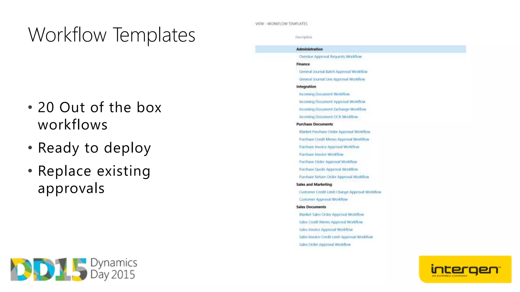 Workflow Templates
• 20 Out of the box
workflows
• Ready to deploy
• Replace existing
approvals
 